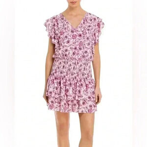 Aqua Floral Smocked Tiered Ruffle Mini Dress L NWT White Purple Pink